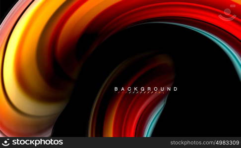 Fluid mixing colors, vector wave abstract background. Abstract wave lines fluid rainbow style color stripes on black background. Vector artistic illustration for presentation, app wallpaper, banner or poster