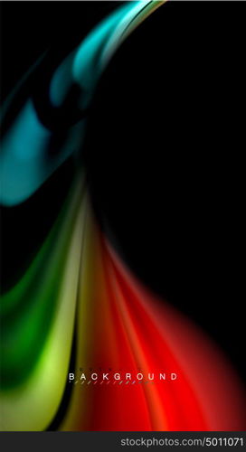 Fluid mixing colors, vector wave abstract background. Abstract wave lines fluid rainbow style color stripes on black background. Vector artistic illustration for presentation, app wallpaper, banner or poster