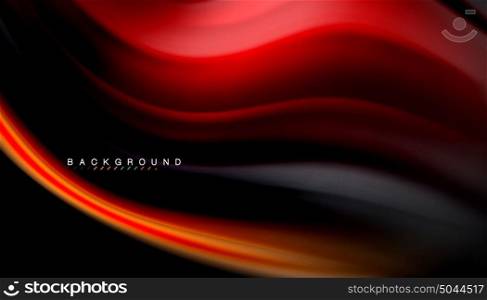 Fluid mixing colors, vector wave abstract background. Abstract wave lines fluid rainbow style color stripes on black background. Vector artistic illustration for presentation, app wallpaper, banner or poster