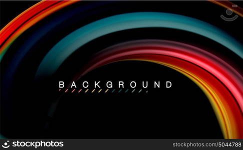 Fluid mixing colors, vector wave abstract background. Abstract wave lines fluid rainbow style color stripes on black background. Vector artistic illustration for presentation, app wallpaper, banner or poster