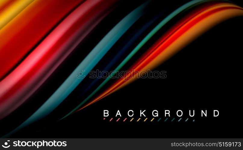 Fluid mixing colors, vector wave abstract background. Abstract wave lines fluid rainbow style color stripes on black background. Vector artistic illustration for presentation, app wallpaper, banner or poster