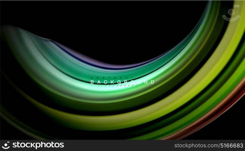 Fluid mixing colors, vector wave abstract background. Abstract wave lines fluid rainbow style color stripes on black background. Vector artistic illustration for presentation, app wallpaper, banner or poster