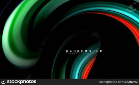 Fluid mixing colors, vector wave abstract background. Abstract wave lines fluid rainbow style color stripes on black background. Vector artistic illustration for presentation, app wallpaper, banner or poster