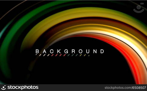 Fluid mixing colors, vector wave abstract background. Abstract wave lines fluid rainbow style color stripes on black background. Vector artistic illustration for presentation, app wallpaper, banner or poster