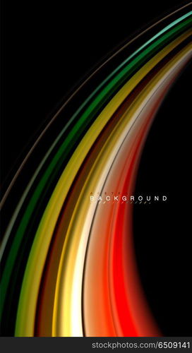 Fluid mixing colors, vector wave abstract background. Abstract wave lines fluid rainbow style color stripes on black background. Vector artistic illustration for presentation, app wallpaper, banner or poster