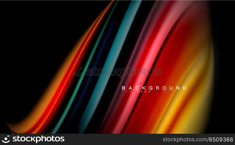 Fluid mixing colors, vector wave abstract background. Abstract wave lines fluid rainbow style color stripes on black background. Vector artistic illustration for presentation, app wallpaper, banner or poster