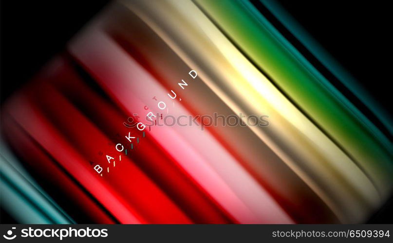 Fluid mixing colors, vector wave abstract background. Abstract wave lines fluid rainbow style color stripes on black background. Vector artistic illustration for presentation, app wallpaper, banner or poster