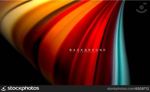 Fluid mixing colors, vector wave abstract background. Abstract wave lines fluid rainbow style color stripes on black background. Vector artistic illustration for presentation, app wallpaper, banner or poster