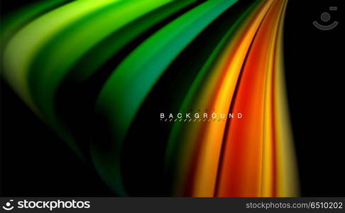 Fluid mixing colors, vector wave abstract background. Abstract wave lines fluid rainbow style color stripes on black background. Vector artistic illustration for presentation, app wallpaper, banner or poster