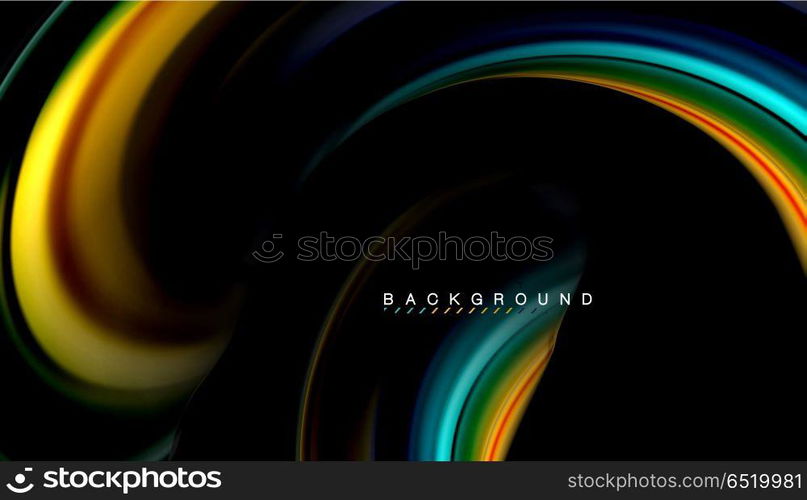 Fluid mixing colors, vector wave abstract background. Abstract wave lines fluid rainbow style color stripes on black background. Vector artistic illustration for presentation, app wallpaper, banner or poster