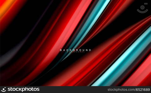 Fluid mixing colors, vector wave abstract background. Abstract wave lines fluid rainbow style color stripes on black background. Vector artistic illustration for presentation, app wallpaper, banner or poster