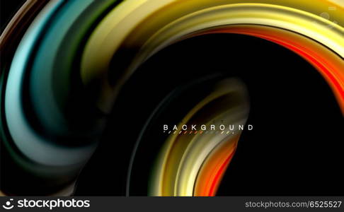 Fluid mixing colors, vector wave abstract background. Abstract wave lines fluid rainbow style color stripes on black background. Vector artistic illustration for presentation, app wallpaper, banner or poster