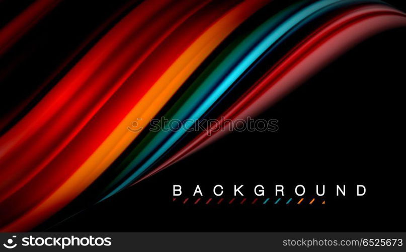 Fluid mixing colors, vector wave abstract background. Abstract wave lines fluid rainbow style color stripes on black background. Vector artistic illustration for presentation, app wallpaper, banner or poster