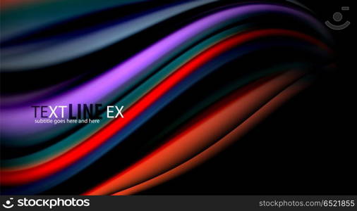 Fluid rainbow colors on black background, vector wave lines and swirls. Fluid rainbow colors on black background, vector wave lines and swirls, artistic illustration for presentation, app wallpaper, banner or poster