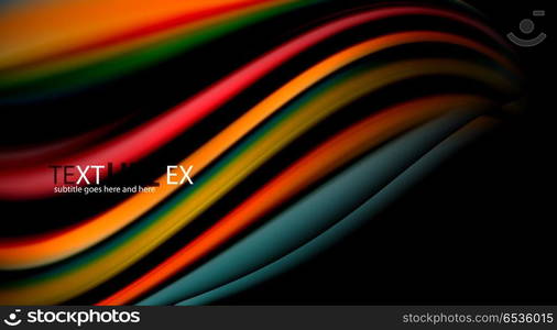 Fluid rainbow colors on black background, vector wave lines and swirls. Fluid rainbow colors on black background, vector wave lines and swirls, artistic illustration for presentation, app wallpaper, banner or poster