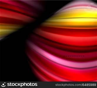 Fluid wavy multicolored lines on black. Fluid wavy multicolored lines on black, vector background, dynamic motion pattern