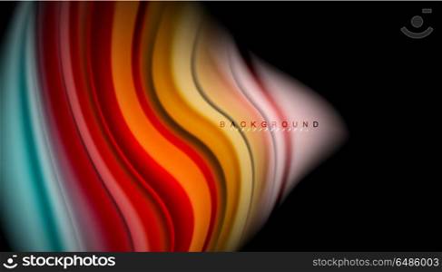 Fluid wavy multicolored lines on black. Fluid wavy multicolored lines on black, vector background, dynamic motion pattern
