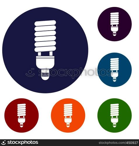 Fluorescent bulb icons set in flat circle reb, blue and green color for web. Fluorescent bulb icons set