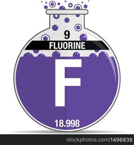 Fluorine symbol on chemical round flask. Element number 9 of the Periodic Table of the Elements - Chemistry. Vector image
