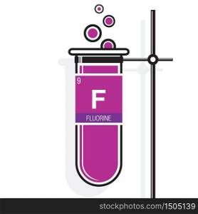 Fluorine symbol on label in a magenta test tube with holder. Element number 9 of the Periodic Table of the Elements - Chemistry