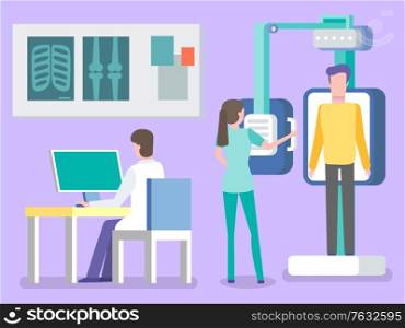 Fluorography and xray scanning of patient, isolated doctor and nurse. Man working on laptop, ribs and bones diagnostics of diseases, assistant. Vector illustration in flat cartoon style. Doctors with Patient Healthcare Hospital Radiology
