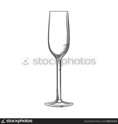 Flute glass. Hand drawn empty champagne glass sketch. Sparkling wine glass. Engraving style. Vector illustration isolated on white background.. Flute glass. Hand drawn empty champagne glass sketch. Sparkling wine glass.