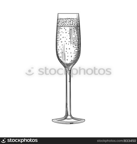 Flute glass. Hand drawn full champagne glass sketch. Sparkling wine glass. Engraving style. Vector illustration isolated on white background.. Hand drawn full champagne glass sketch. Sparkling wine glass.
