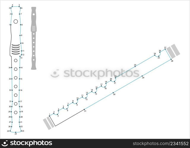 Flute Icon Connect The Dots, Woodwind Musical Instrument With Reeds Vector Art Illustration, Puzzle Game Containing A Sequence Of Numbered Dots