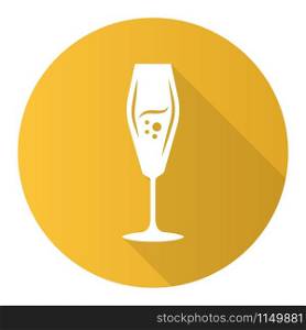 Flute wineglass yellow flat design long shadow glyph icon. Sparkling wine, champagne. Alcohol beverage with bubbles. Party cocktail. Sweet aperitif drink. Vector silhouette illustration