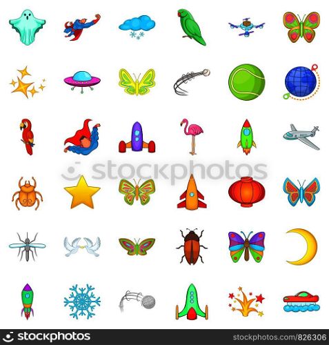 Fly icons set. Cartoon style of 36 fly vector icons for web isolated on white background. Fly icons set, cartoon style