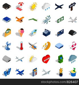 Fly icons set. Isometric style of 36 fly vector icons for web isolated on white background. Fly icons set, isometric style