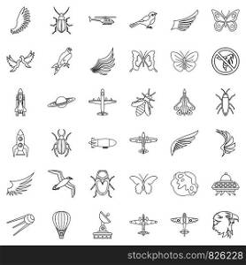 Fly icons set. Outline style of 36 fly vector icons for web isolated on white background. Fly icons set, outline style