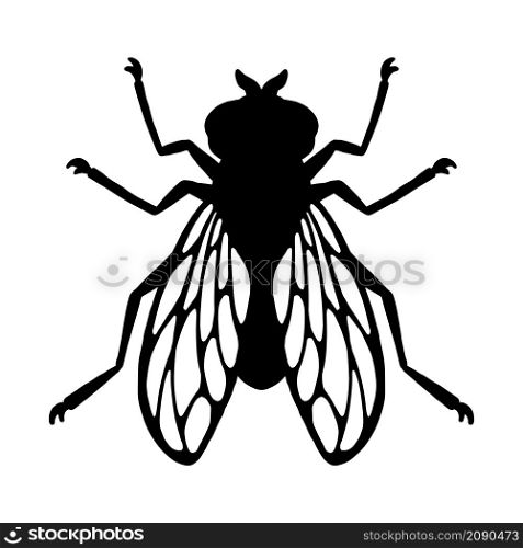 Fly insect. Black silhouette. Design element. Vector illustration isolated on white background. Template for repellent.
