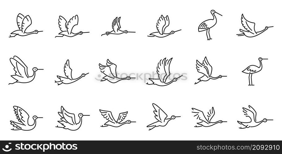 Fly stork icons set outline vector. Fly stork bird. Delivery newborn. Fly stork icons set outline vector. Fly stork bird