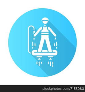 Flyboarding blue flat design long shadow glyph icon. Watersports, extreme and dangerous modern leisure. Recreational outdoor activity. Hydroflight sport. Vector silhouette illustration