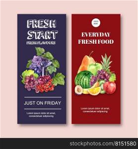 Flyer design with various fruits, creative colorful illustration template.