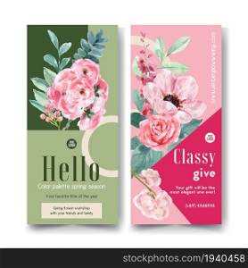 Flyer design with vintage floral watercolor painting of rowanberry, rose illustration.