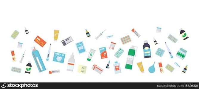 Flyer for the pharmacy with medications, drugs, pills and bottles. Isolated vector illustration in flat style on white background. Flyer for the pharmacy with medications, drugs, pills and bottles. Isolated vector illustration