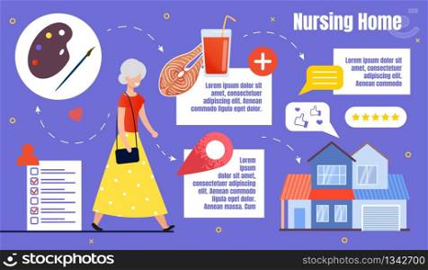 Flyer Infographic it is Written, Nursing Home. An Elderly Woman Pensioner in Dress goes Towards Nursing House doing Painting. Woman on Background Healthy Food. Vector Illustration.