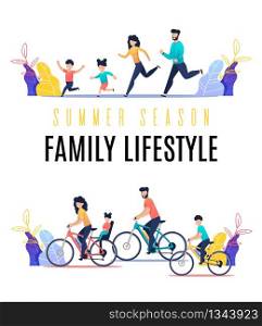 Flyer is Written Summer Season Family Lifestyle. Banner Family with Children Riding Bicycles and Laughs. Parents and Children Jogging in Park Vector Illustration on White Background