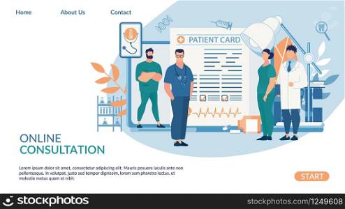 Flyer Online Consultation, Patient Card Lettering. Doctors Discuss Patient Health Data and Contribute to his Card. Men and Women Work in Clinic. Medical Staff Online. Vector Illustration.