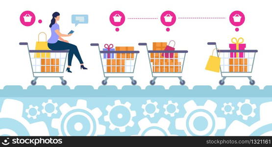 Flyer Selection Goods in Online Store Cartoon. Nonceptual Idea Great Demand for Online Shopping. Woman Chooses Items in Cart Using Application in Smartphone Flat. Vector Illustration.