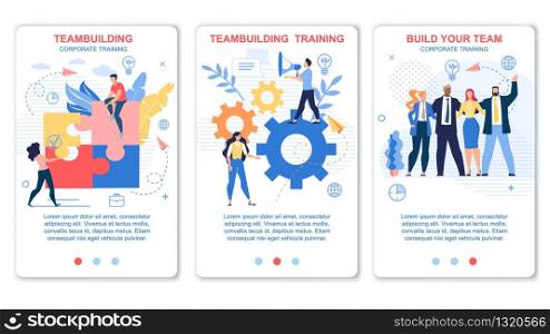 Flyer Set Teambuilding and Corporate Training. Banner Inscription Build Your Team. Men and Women Create Online Trainings and Successfully Earn on Them. People Offer Online Training.