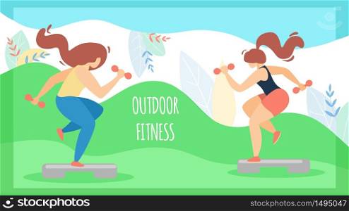 Flyer Sport for Women Inscription Outdoor Fitness. Poster Energetic Girls are Engaged in Active Fitness on Platform. Banner Sports for Hardy Women. Training Sport Gym Vector Illustration.