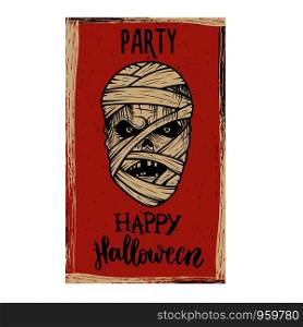 Flyer template of Halloween party. Evil mummy on grunge background. Design element for poster, card, banner. Vector illustration