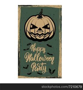 Flyer template of Halloween party. Evil pumpkin on grunge background. Design element for poster, card, banner. Vector illustration