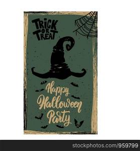 Flyer template of Halloween party. Witch hat on grunge background. Design element for poster, card, banner. Vector illustration