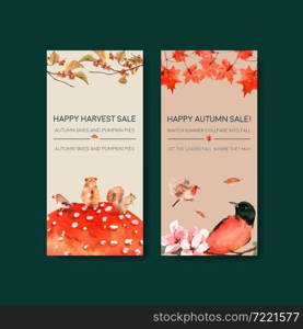 Flyer template with autumn forest and animals concept design for brochure and leaflet watercolor vector Illustrations.
