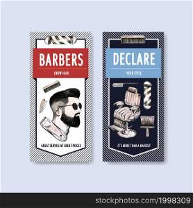 Flyer template with barber concept design for brochure and leaflet watercolor vector illustration.