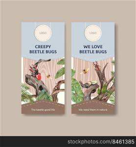 Flyer template with beetles bug concept,watercolor style 